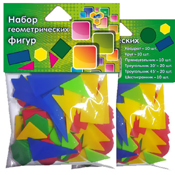 картинка Набор Учись считать " Пчелка " квадрат-10шт, круг-10шт, прямоугольник- 10шт, треугольник 30градусов- 20шт, треугольник 45 градусов- 20шт, шестигранник- 10шт, пластик, европодвес