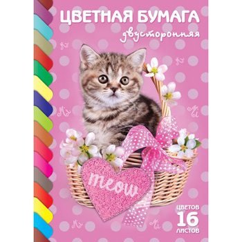 картинка Бумага цветная А4 газетная двухсторонняя 16л 16цв " Hatber ECO " Котик, на скобе