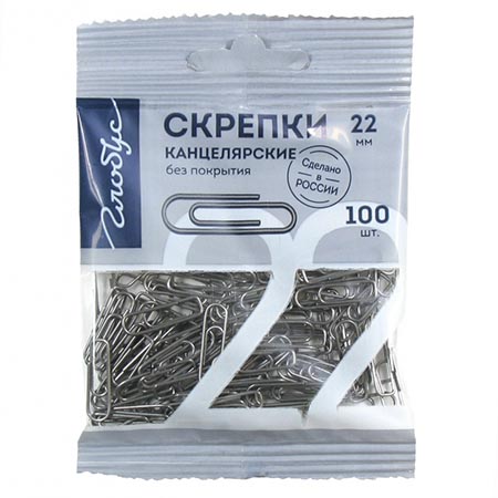 картинка Скрепки " Глобус " 22мм без покрытия 100шт, пакет с европодвесом