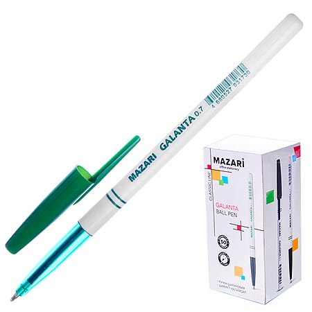 картинка Ручка шариковая " Mazari " Galanta зеленая 0,7мм, толщина письма 0,35мм, пластиковый белый корпус, картонная упаковка