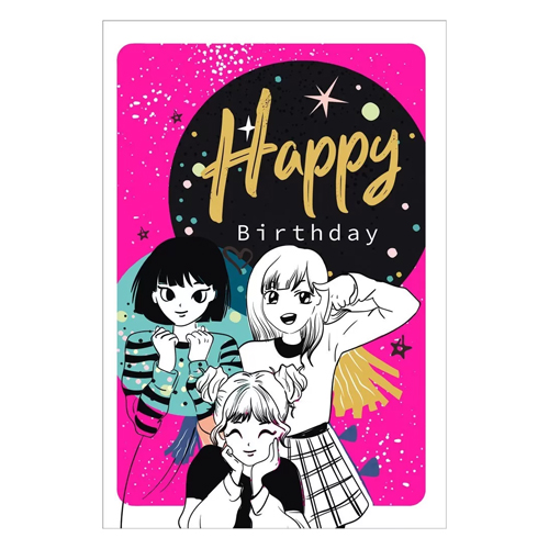 картинка Открытка " Мир поздравлений " 410 Детская- Happy birthday, аниме-девчонки, 123*187мм, пантон флуоресцентный, текст
