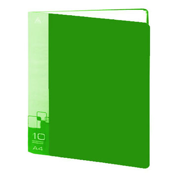 картинка Папка 10файлов " Бюрократ " А4 зеленый ,пластик 0,6мм,торцевой карман с бумажной вставкой