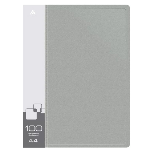 картинка Папка 100файлов " Бюрократ " А4 серая, пластик 0,8мм,торцевой карман с бумажной вставкой