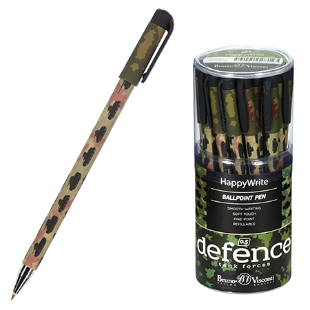 картинка Ручка шариковая " Bruno Visconti " HappyWrite Military, Танки, синяя 0,5мм, толщина письма 0,38мм, пластиковый корпус, покрытие soft-touch, цвета корпуса - multicolor с рисунком, металлический наконечник, сменный стержень, колпачок с клипом, пластиковый т