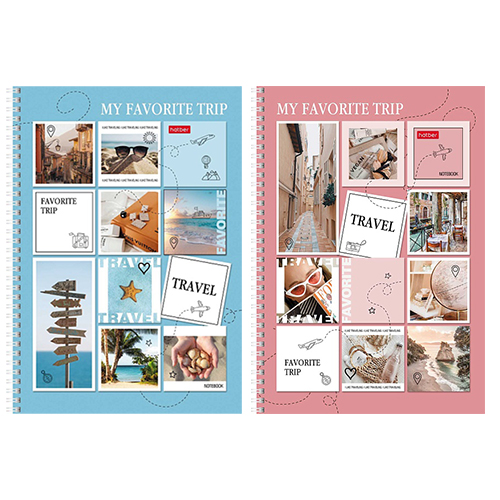 картинка Тетрадь спираль А4 96л клетка без полей " Hatber " Travel, офсет, обложка - мелованный картон, глянцевая ламинация, перфорация на отрыв, 2 дизайна в спайке