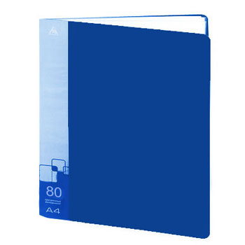 картинка Папка 80файлов " Бюрократ " А4 синий ,пластик 0,8мм,торцевой карман с бумажной вставкой