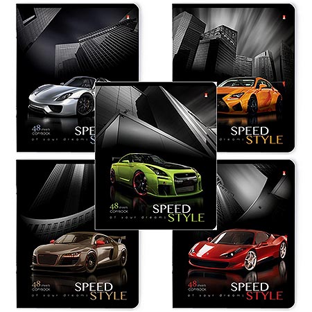 картинка Тетрадь А5 48л клетка " Альт " Машины. Жажда скорости, офсет, на скобе, обложка - мелованный картон, сплошной УФ-лак, скругленные углы, 5 дизайнов в спайке