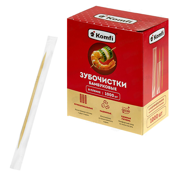 картинка Зубочистки " Komfi " бамбуковые 1000шт в индивидуальной упаковке, картонная упаковка
