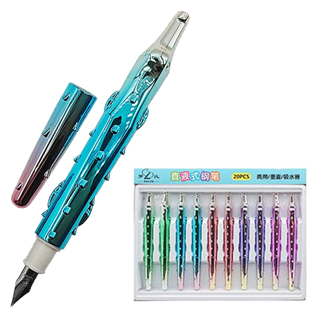 картинка Ручка перьевая " KWELT " Крокодил, открытое перо, поршневой конвертер для заправки чернилами, цветной корпус - ассорти 5цв, картонная упаковка