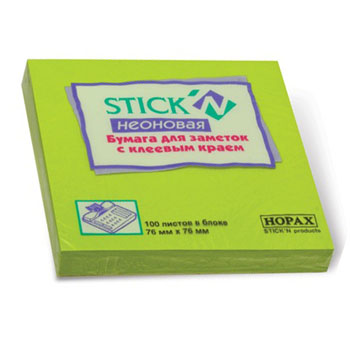 картинка Блок самоклеящийся (стикеры) 76*76мм 100л неон, зеленый " Hopax "