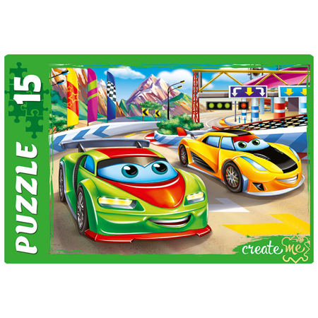 картинка Пазлы " Рыжий кот " Макси. 15элементов Состязание машинок 30*21,5см, картонная упаковка 12,7*18*3,5см