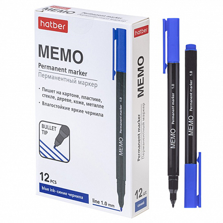 картинка Маркер " Hatber " Memo синий 1мм закругленный пишущий узел, перманентный