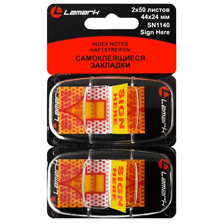 картинка Закладки самоклеящиеся " Lamark " Sign here 44*24мм, 2 диспенсера по 50л, пластик, пластиковый диспенсер