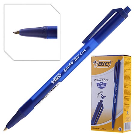 картинка Ручка шариковая автоматическая " BiC " Round Stic Clic синяя 1,0мм, цвет корпуса- синий, толщина письма- 0,32мм, картонная упаковка