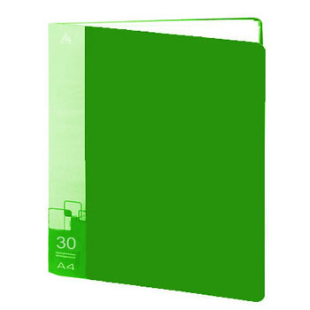 картинка Папка 30файлов " Бюрократ " А4 зеленый , пластик 0,65мм, торцевой карман с бумажной вставкой