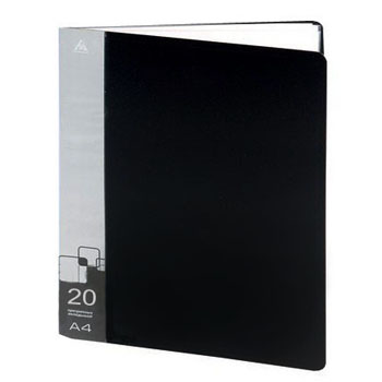 картинка Папка 20файлов " Бюрократ " А4 черный , пластик 0,6мм,торцевой карман с бумажной вставкой