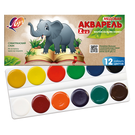 картинка Краски акварельные без кисти ZOO 12цв " Луч " медовые, пластиковая палета, картонная упаковка