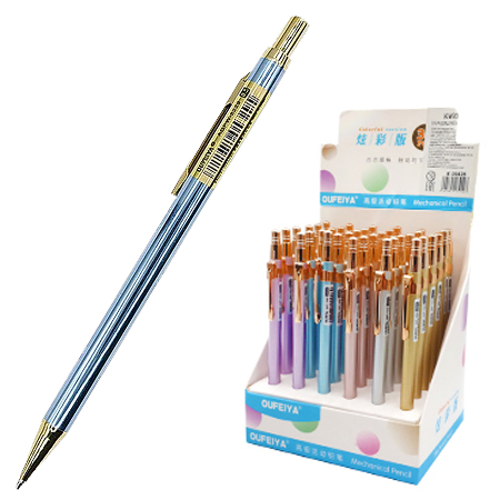 картинка Карандаш механический " KWELT " 0,5мм непрозрачный пластиковый корпус, 3 дизайна, металлический наконечник, 3 цвета корпуса, с металлическим клипом, шоубокс