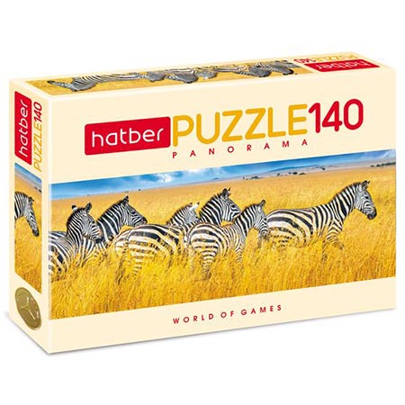 картинка Пазлы " Hatber " 140элементов Панорама Зебры 45*16см, картонная упаковка