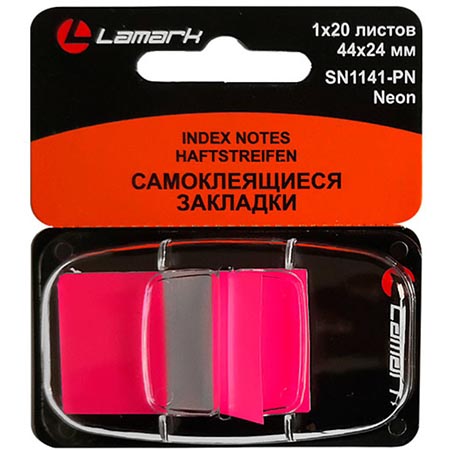 картинка Закладки самоклеящиеся " Lamark " 44*24мм, 1цв*20л (розовый), неон пластик, пластиковый диспенсер