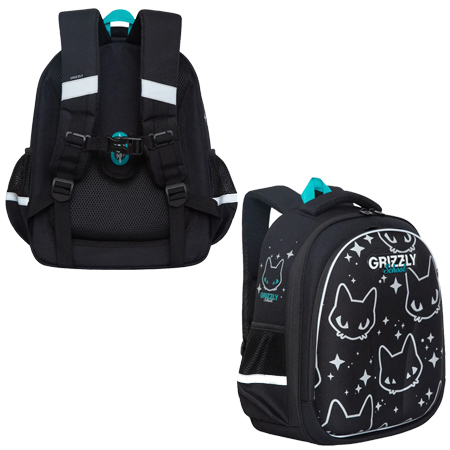 картинка Рюкзак " Grizzly " 28*36*20см Котики черный, 2 отделения, 3 отдела в основном отделении, жесткая анатомическая спинка, боковые карманы на резинке, держатель для ключей и три кармана в переднем отделении, укрепленные лямки, ручка для переноски, светоотража