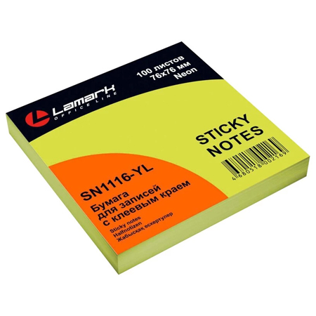 картинка Блок самоклеящийся (стикеры) 76*76мм 100л неон, желтый " Lamark "