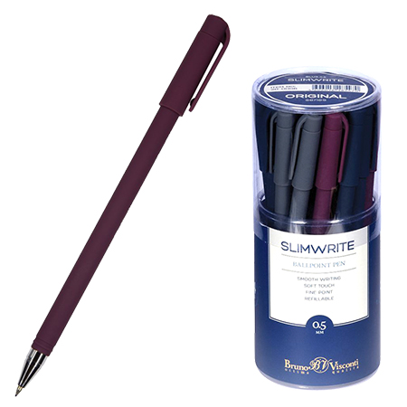 картинка Ручка шариковая " Bruno Visconti " SlimWrite Original, синяя 0,5мм, толщина письма 0,4мм, пластиковый корпус, покрытие soft-touch, цвет корпуса - ассорти multicolor, металлический наконечник, колпачок с клипом, сменный стержень, пластиковый тубус