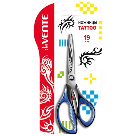 картинка Ножницы " deVente " Tattoo 19см металлические, эргономичные пластиковые ручки с резиновыми вставками, с лепестками, протравленная гравировка на лезвиях, черные с синим, картонная упаковка, европодвес