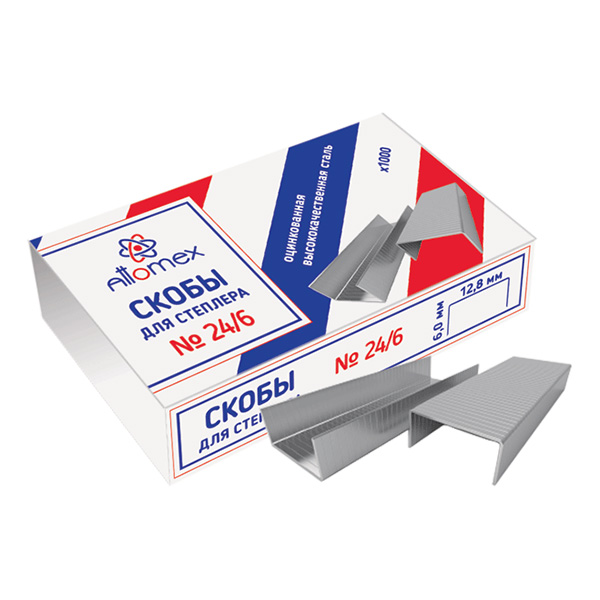 картинка Скобы №24/6 " Attomex " оцинкованные, до 30л, 1000шт в карт коробке