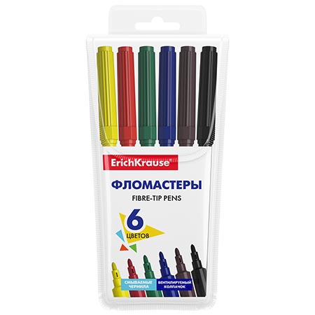 картинка Фломастеры " Erich Krause " Basic 6цв смываемые, на водной основе, круглые, вентилируемый колпачок, ПВХ упаковка, европодвес