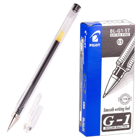 картинка Ручка гелевая " Pilot " Extra fine черная 0,5мм, толщина письма 0,3мм, прозрачный корпус, металлический наконечник, рифленый держатель, картонная упаковка