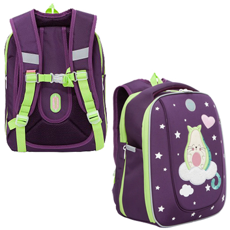 картинка Рюкзак " Grizzly " 29*36*18см Авокадо фиолетовый, 2 отделения: основное отделение состоит из трех отсеков для распределения учебных пособий форматом А4 и кармана из сетки на молнии, 2 боковых кармана, эргономичная твердая спинка, светоотражающие элементы,