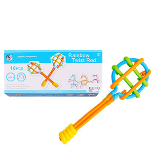 картинка Конструктор гибкий " Rainbow Twist Rod " 18 деталей (гибкие стержни различной длины, соединительные детали) позволяет создавать трехмерные фигуры из уникальных гибких стержней и крепежных деталей, картонная упаковка с ручкой 14*31см