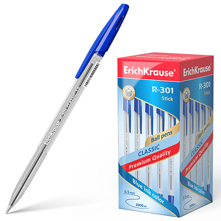 картинка Ручка шариковая " Erich Krause " R-301 Classic Stick синяя 1,0мм, шестигранная, рифленый держатель, прозрачный корпус, картонная упаковка