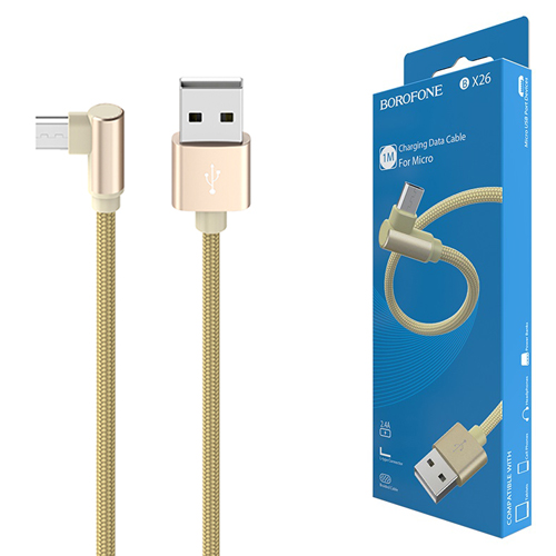 картинка Кабель сетевой USB - micro USB " Borofone " BX26 Express золотой, круглый, боковой, 1м, 2,4А, ткань