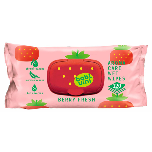 картинка Салфетки влажные детские 120шт " BablVini " Клубника, клапан, пластиковая крышка