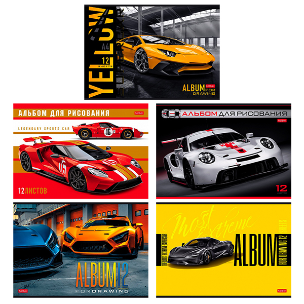 картинка Альбом А4 12л " Hatber " Спортивные авто (ассорти), на скобе, обложка - мелованный картон, блок-офсет- 100г/м2, 5 дизайнов