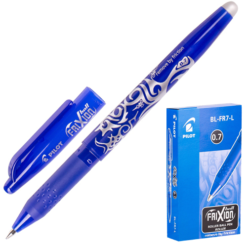 картинка Ручка пиши-стирай " Pilot " гелевая Frixion синяя 0,7мм резиновый держатель, синий цветной пластиковый корпус, картонная упаковка