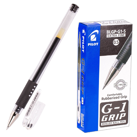 картинка Ручка гелевая " Pilot " Extra fine черная 0,5мм, толщина письма 0,3мм, прозрачный корпус, металлический наконечник, резиновый держатель, картонная упаковка