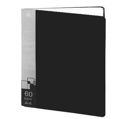 картинка Папка 60файлов " Бюрократ " А4 черный , пластик 0,7мм торцевой карман с бумажной вставкой