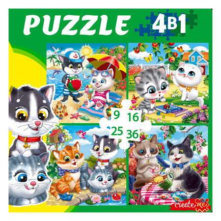 картинка Пазлы " Рыжий кот " 4в1 Забавные котики №6 (9,16,25,36) элементов 17,5*17,5см, картонная упаковка