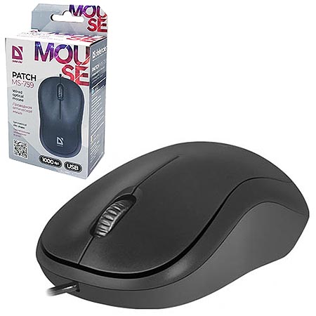 картинка Мышь " Defender " MS-759 Patch проводная оптическая, 3 кнопки, черная, 1000 DPI, кабель USB 1,1мм