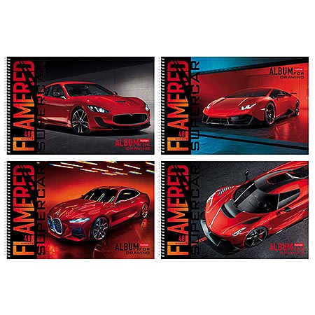 картинка Альбом А4 48л спираль " Hatber " REDsupercar (ассорти), обложка- мелованный картон, блок-офсет 100г/м2, отрывные листы, 4 дизайна в спайке