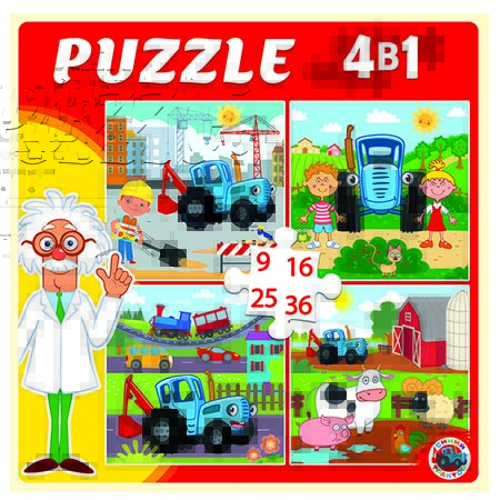 картинка Пазлы " Рыжий кот " 4в1 Синий трактор №9 (9,16,25,36) элементов 17,5*17,5см, картонная упаковка