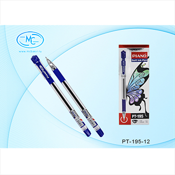 картинка Ручка шариковая " Piano " синяя 0,7мм, толщина письма 0,35мм, резиновый держатель, игольчатый пишущий узел, чернила на маслянной основе, металлический наконечник, прозрачный пластиковый корпус