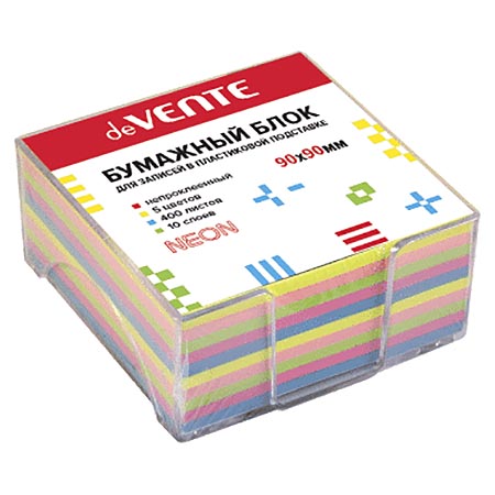 картинка Блок бумаги " deVente " 9*9*4см 400л неон 5 цветов (зеленый, оранжевый, малиновый, розовый, желтый), непроклеенный, 10 слоев, в прозрачной пластиковой подставке