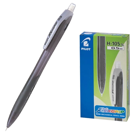 картинка Карандаш механический " Pilot " Rex Grip 0,5мм черный корпус, резиновый держатель, серый клип, ластик, картонная упаковка