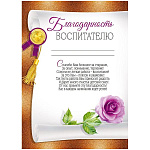 Благодарность воспитателю А4 409 " Империя поздравлений " мелованный картон 190г/м2, без отделки, с текстом