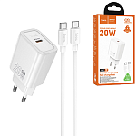 Зарядное устройство сетевое " Hoco " N60 Gentle, белое, 3,0А, QC3.0, PD, 20Вт, Type-C, пластик, кабель Type-C, 1м