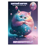 Картон цветной А4 перламутровый 8л 8цв " Феникс " Серый пушистик, в папке, 200*285мм